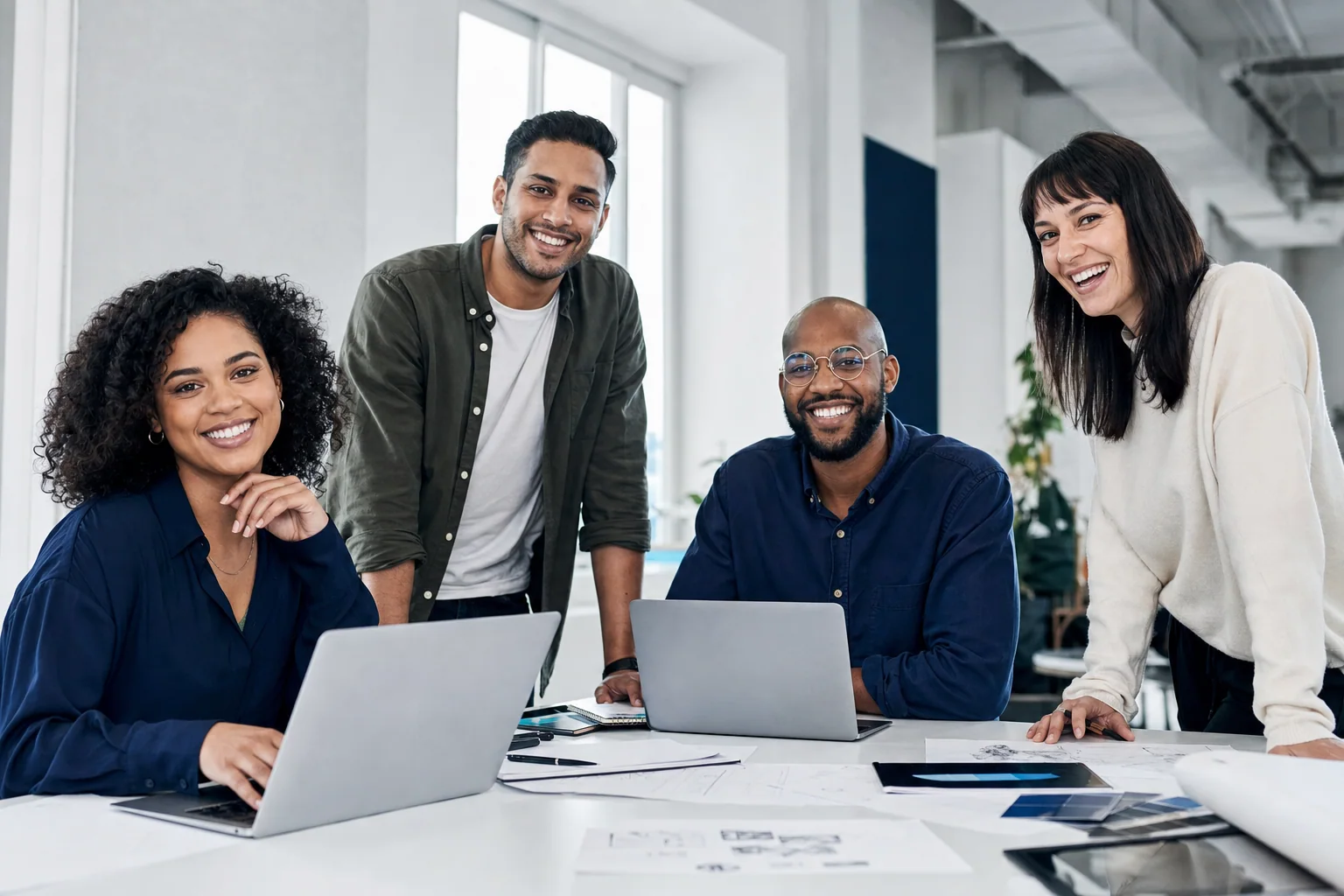 The Softkore team collaborating in a bright digital studio.