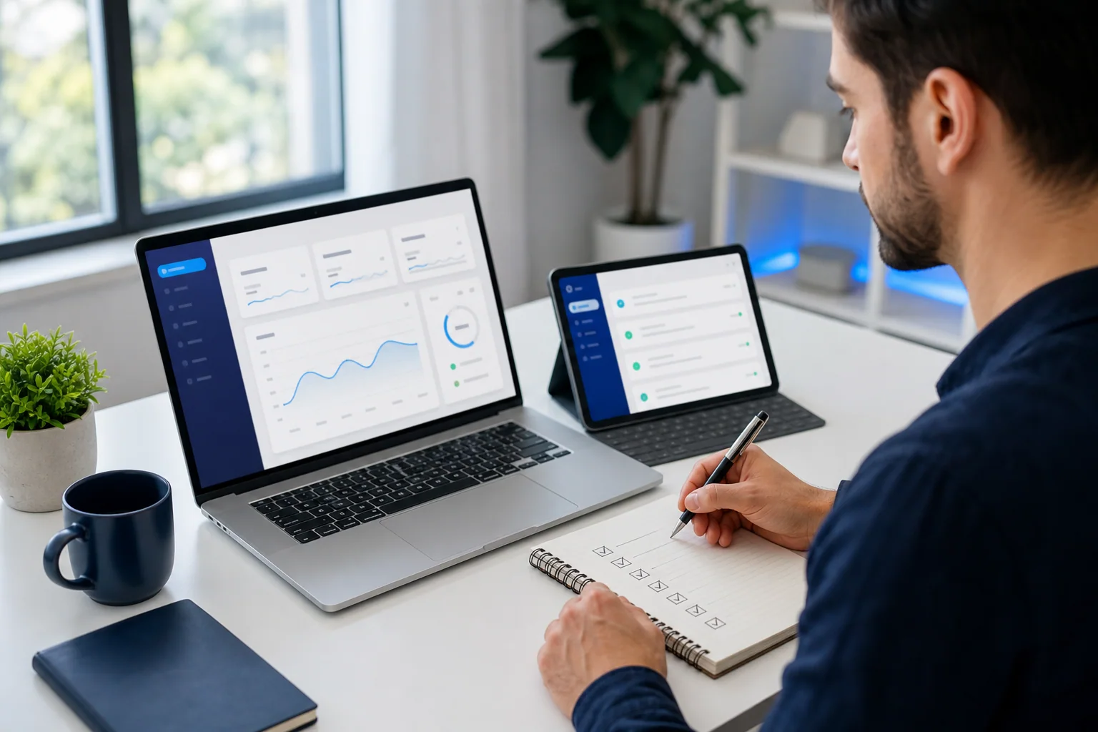 A developer completing website quality checks across a laptop and tablet.