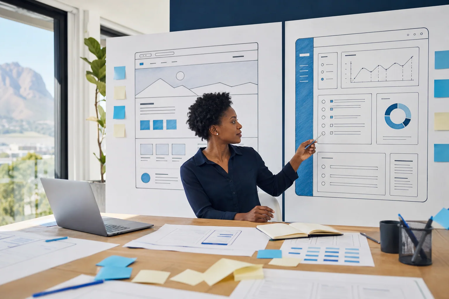 A product strategist comparing website and web application interface plans.