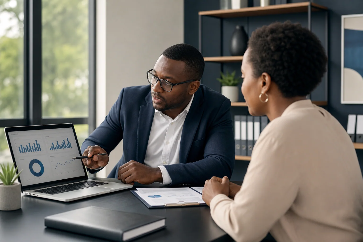 An accountant explaining business performance to a client.