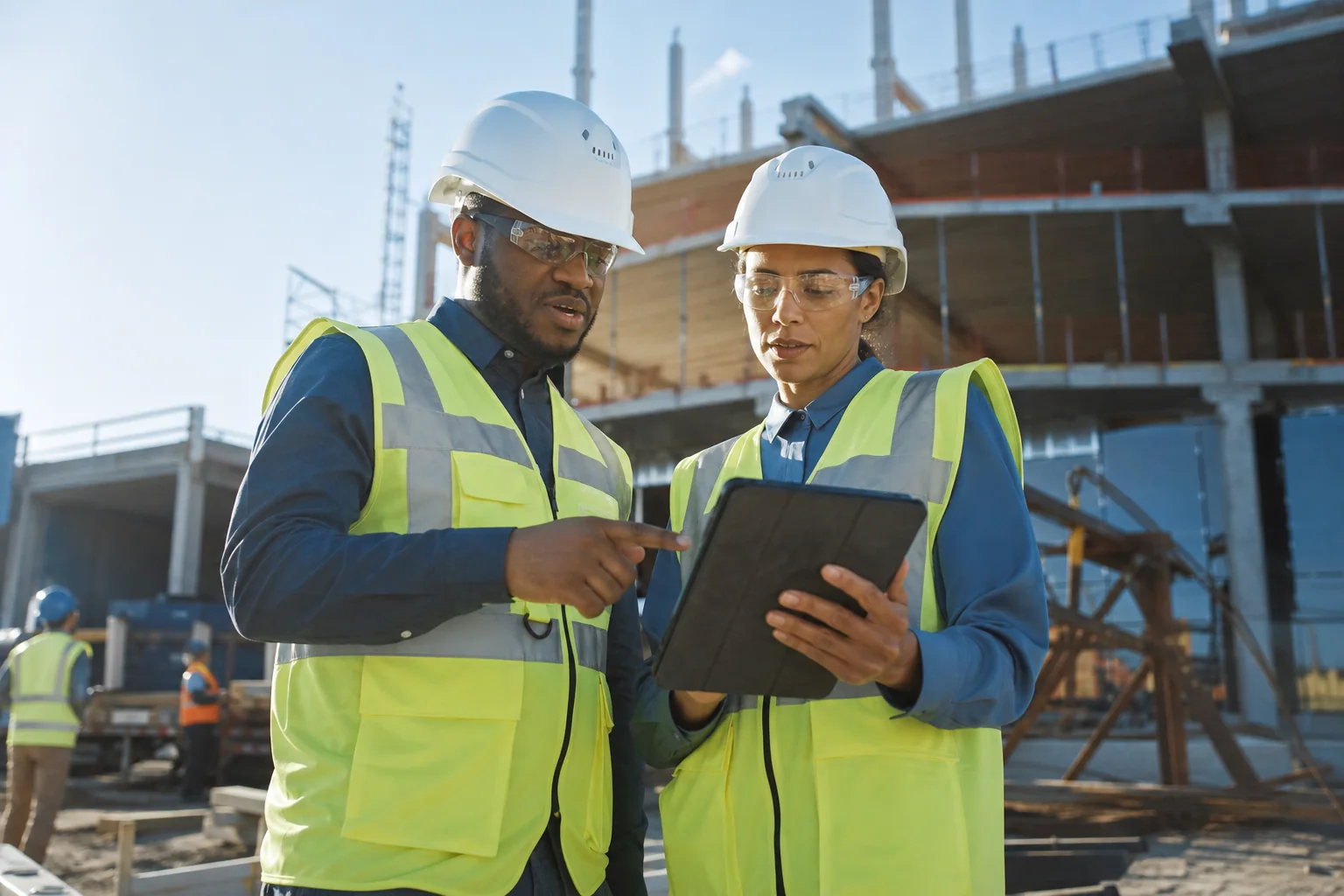 A project manager and site engineer reviewing digital construction plans.