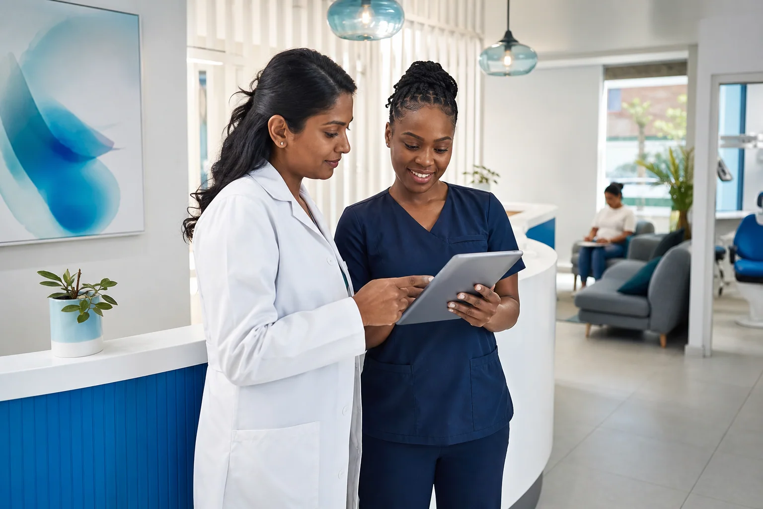 A dentist and practice coordinator reviewing appointments in a modern clinic.