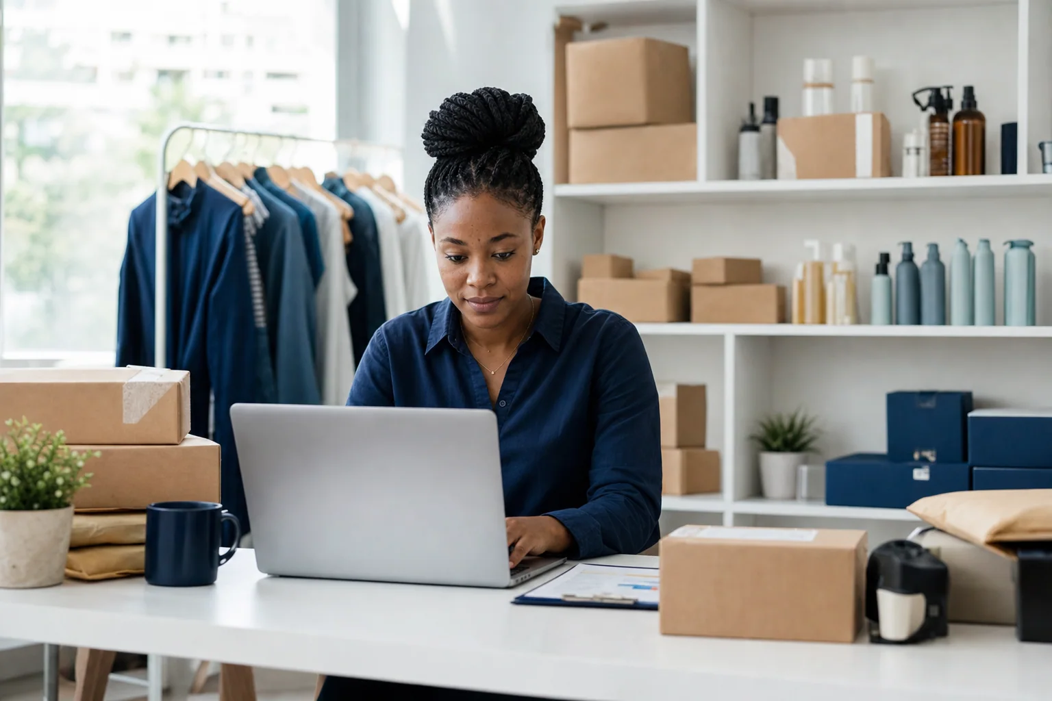An ecommerce founder managing orders in a compact fulfilment studio.