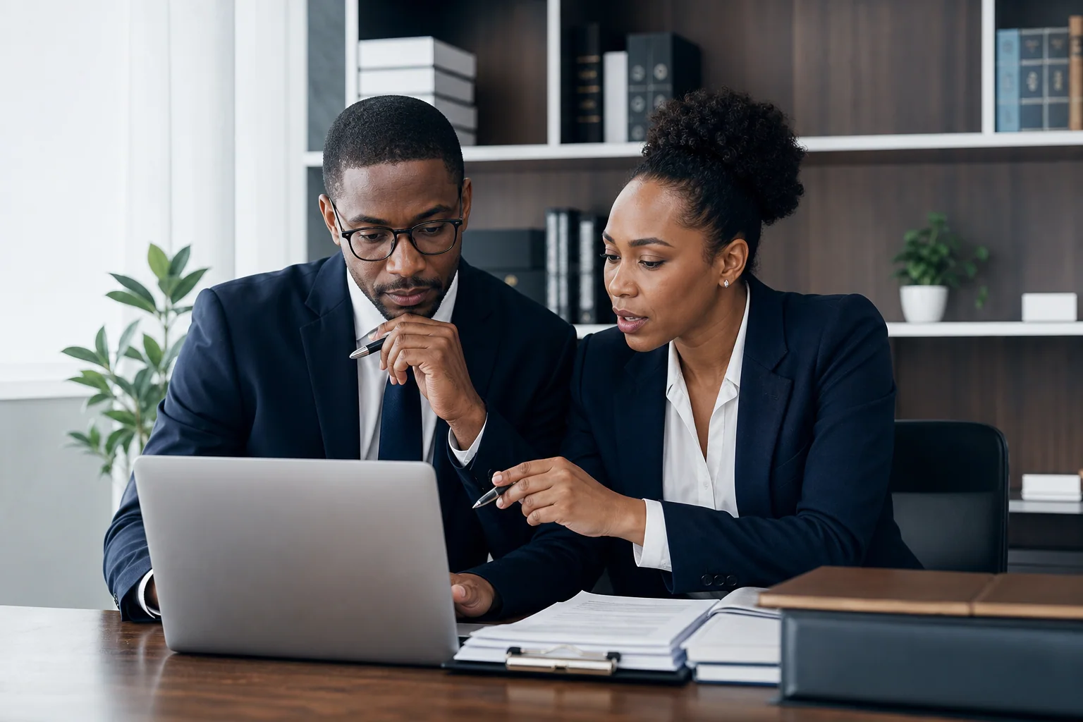 Two legal professionals reviewing a digital case plan together.