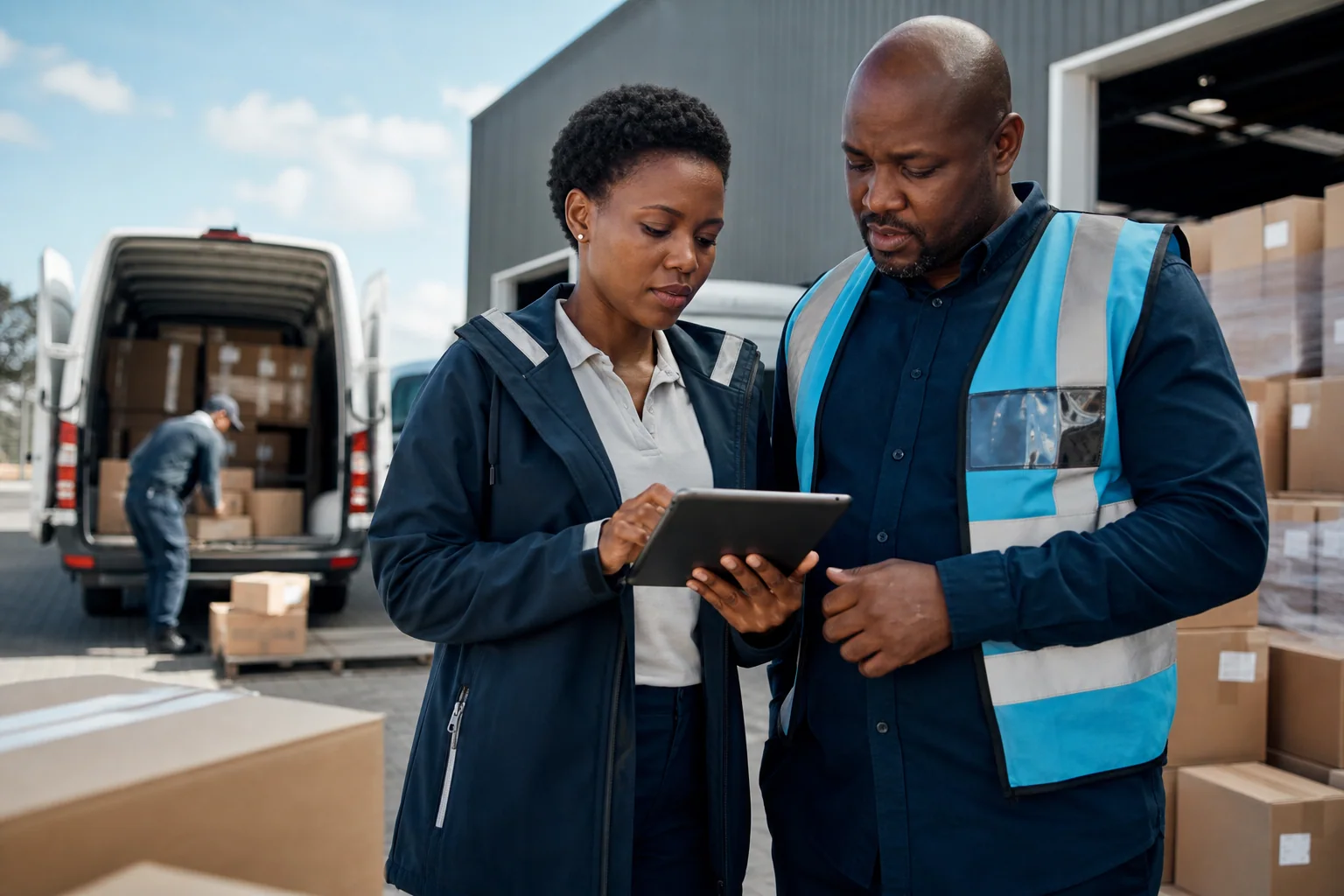 A logistics coordinator and warehouse supervisor reviewing a dispatch plan.