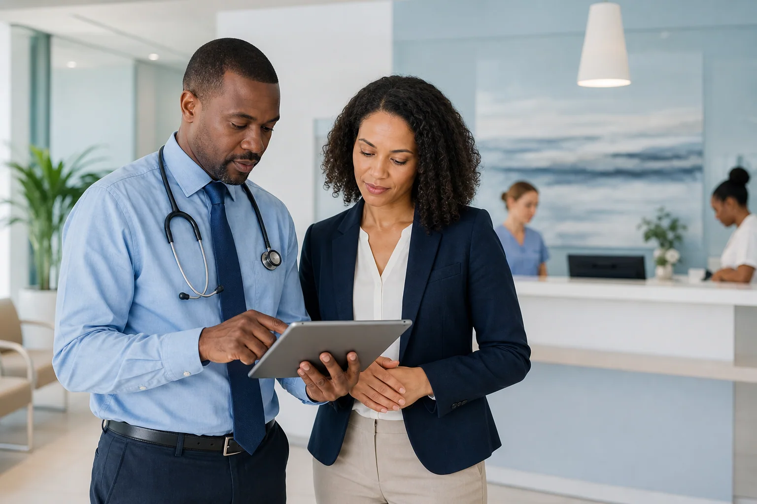 A doctor and practice administrator reviewing patient flow on a tablet.