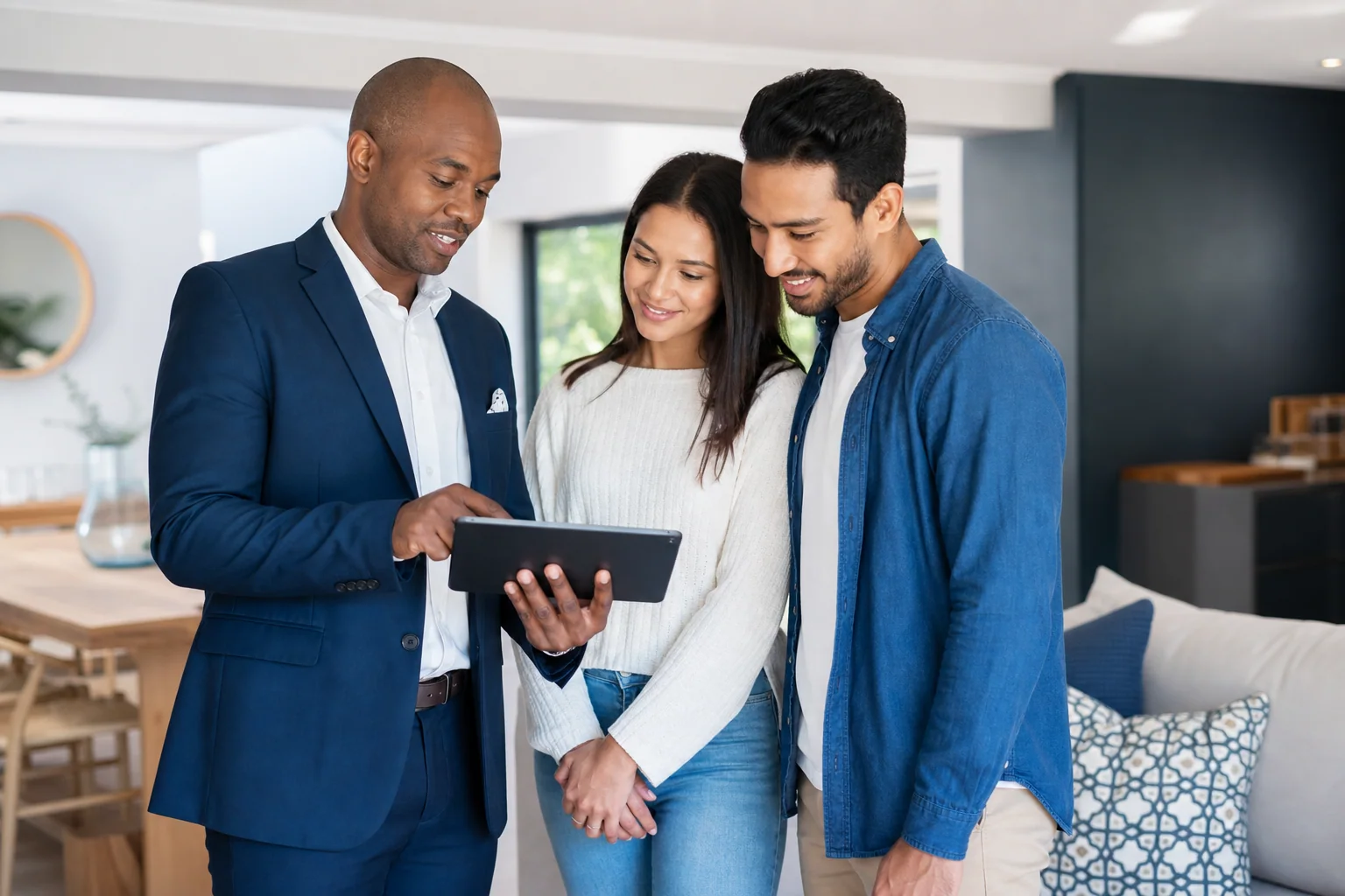 A property agent reviewing a home presentation with prospective buyers.