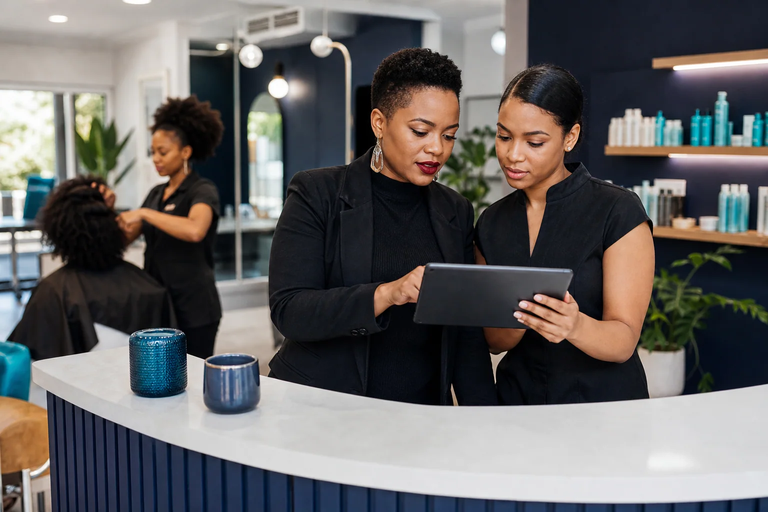 A salon owner and receptionist reviewing the appointment schedule on a tablet.