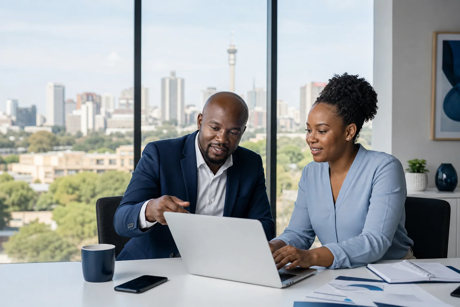 A business owner and digital strategist meeting with Johannesburg in the background.