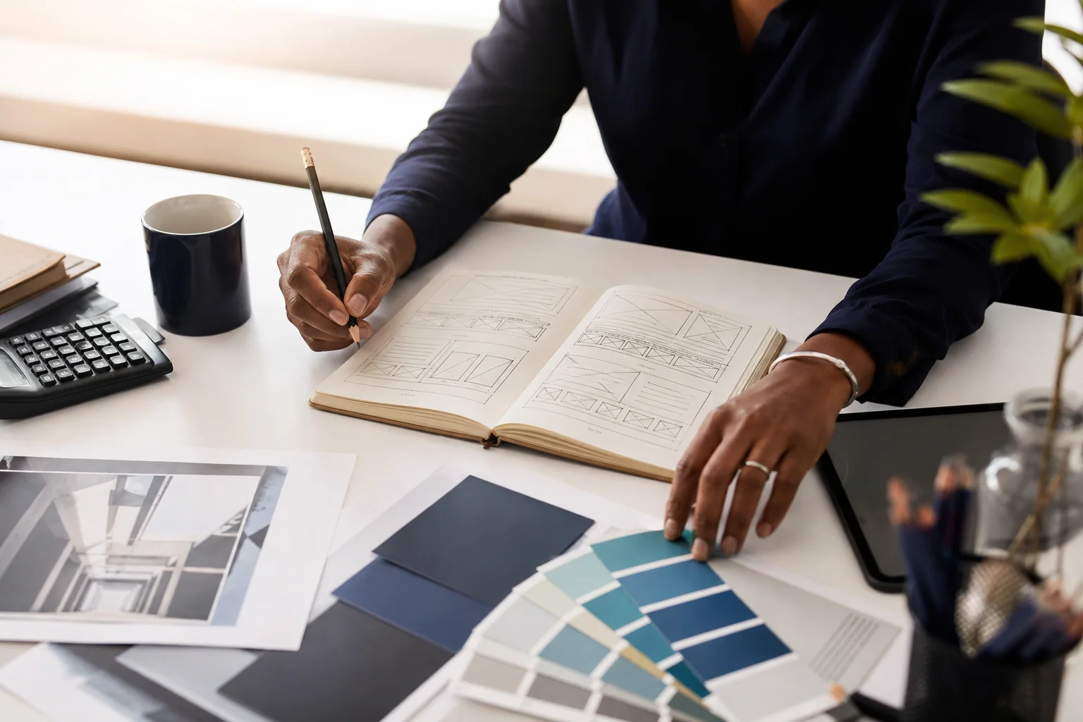 A strategy notebook and interface plans on a working desk.