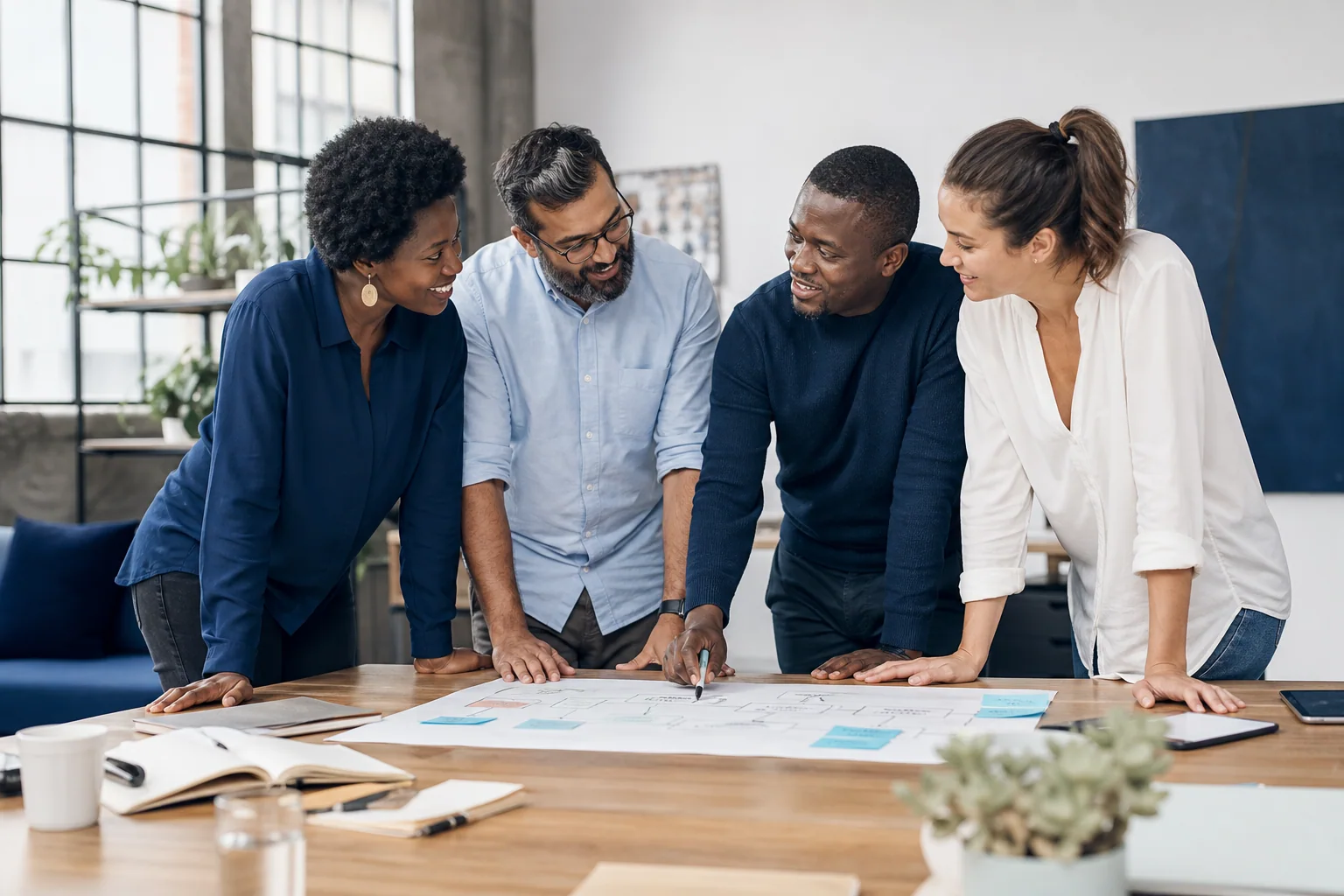 Business leaders mapping a shared customer and operations journey.