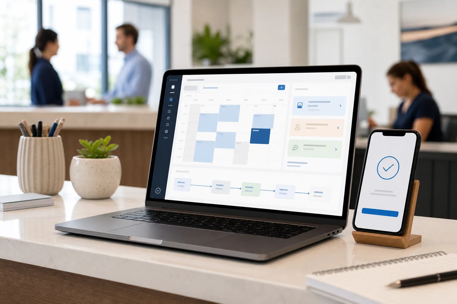A booking and operations dashboard displayed across a laptop and phone.