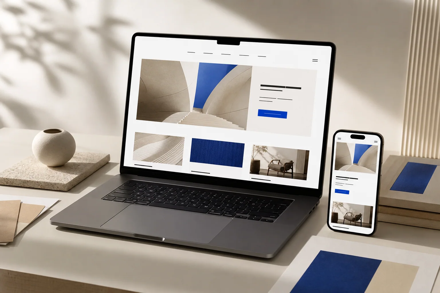 A responsive business website displayed on a laptop and phone.